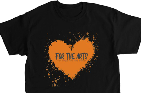Black T-Shirt with a graffiti orange heart that says "Heart for the Arts" 